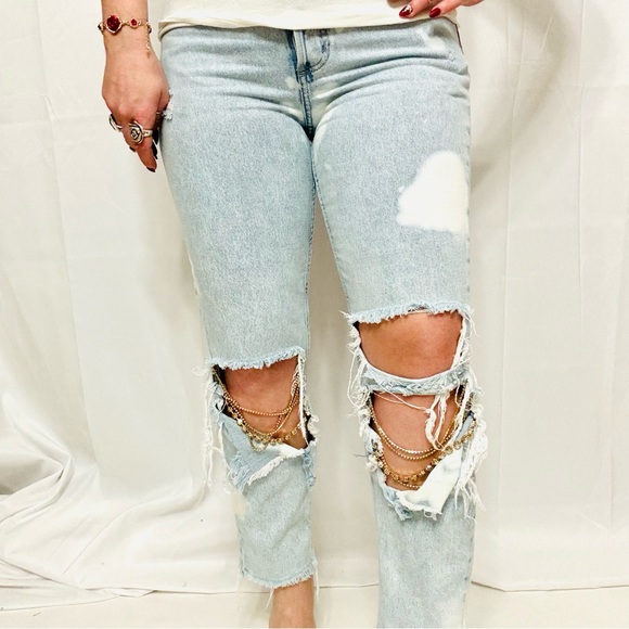 CUSTOM Distressed / Ripped Rhinestone Chain Skinny Jeans - Picture 1 of 8